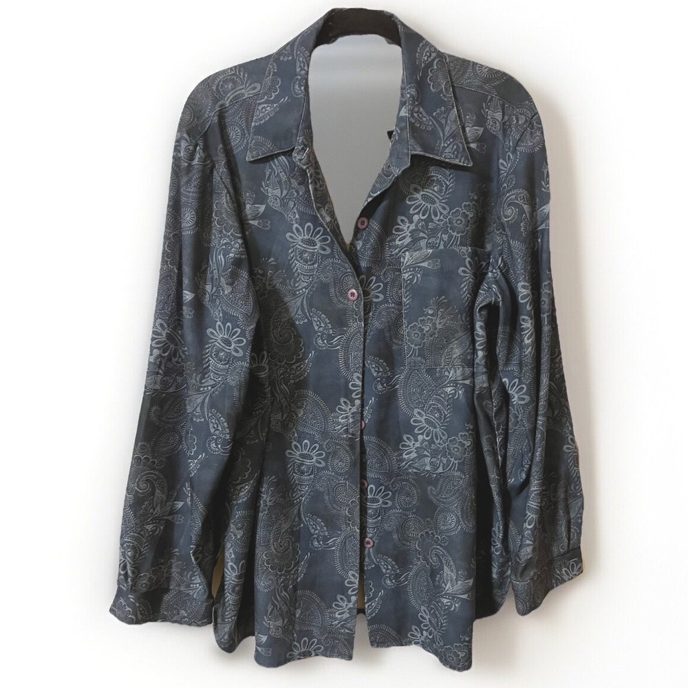 Tall Girl Canada Blue Gray Womens Party Top Button Size Large Floral Paisley
